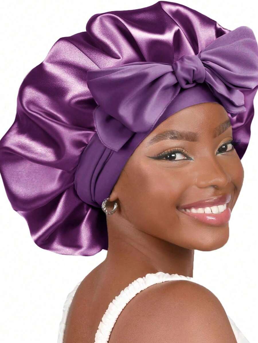 Satin Hair Bonnet - Purple Satin Bow Sleep Bonnet Hair